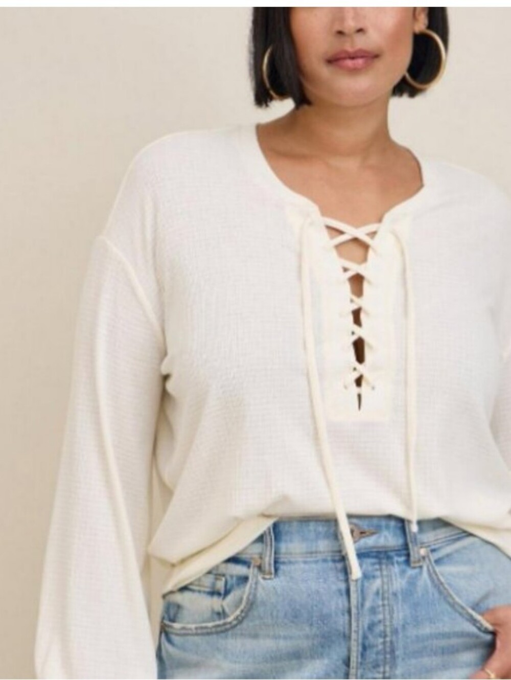 Torrid Waffle Knit‎ Lace-Up Long Sleeve Elastic Top, Cream Plus Size 00 Blouse